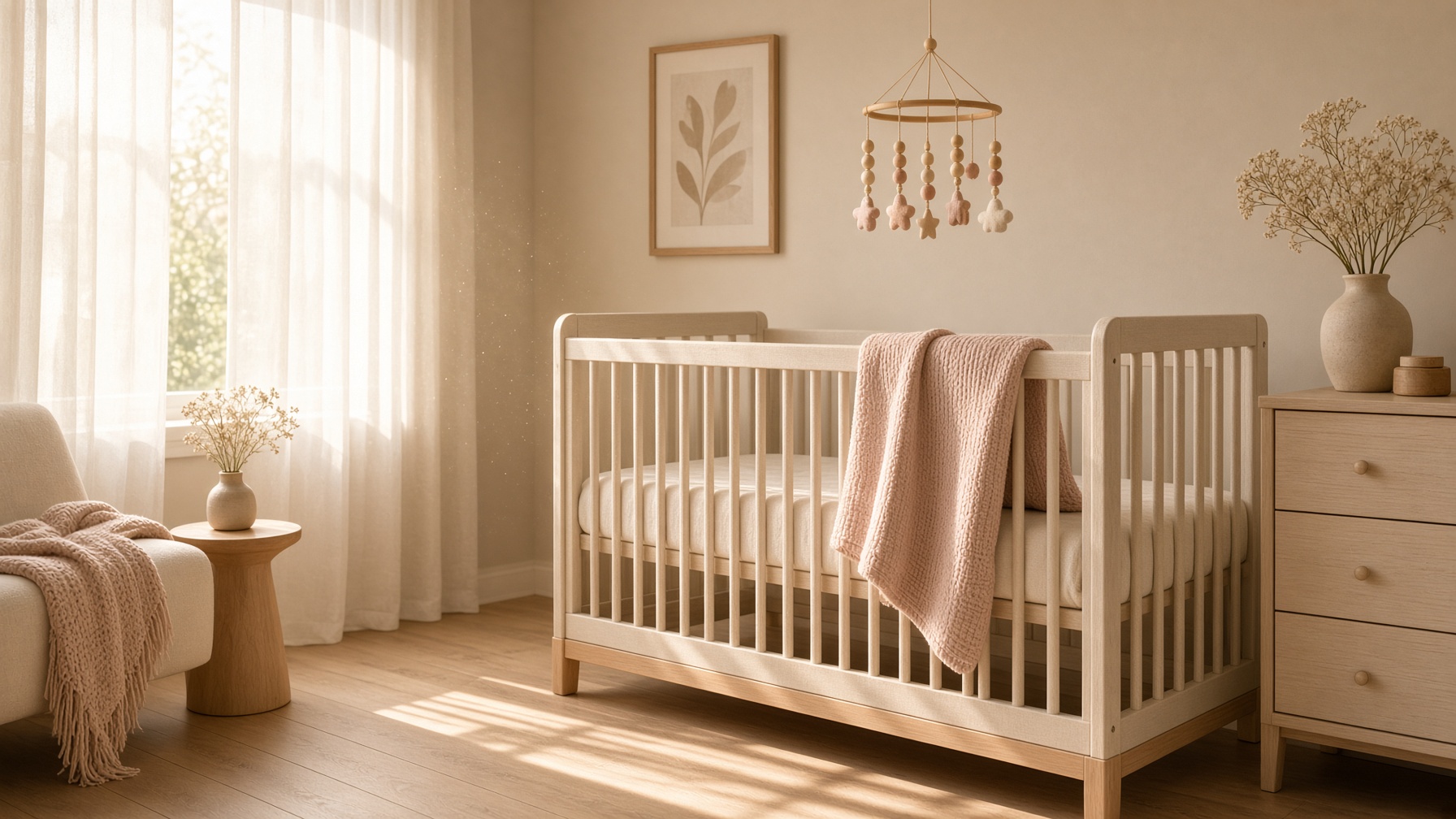 Sunlit nursery with a cream linen crib