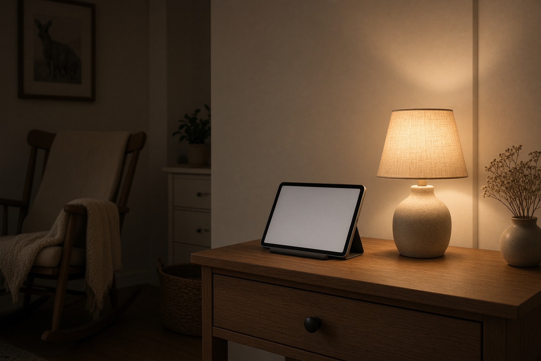 A quiet nursery at night with a softly glowing tablet